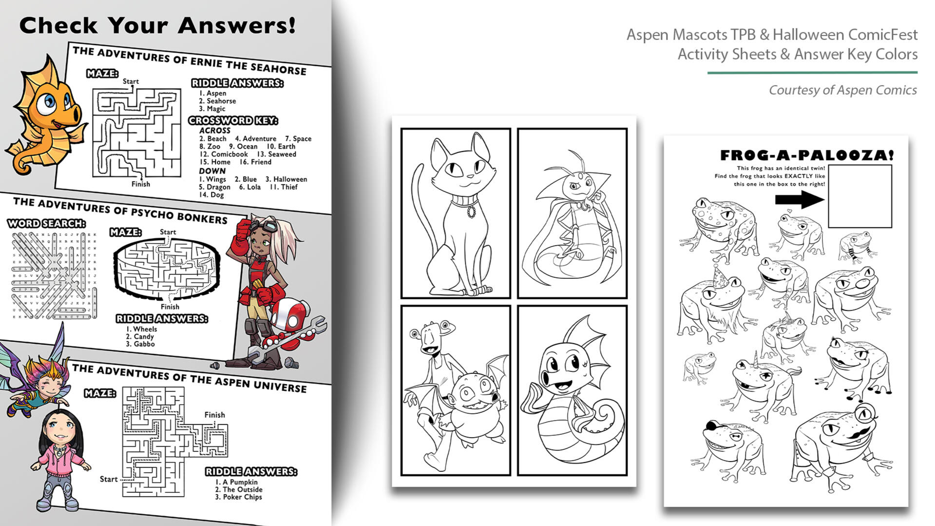 Aspen Mascots: Various activity pages for Aspen Comics' Aspen Mascots trade paperback and 2019 Halloween Comic Fest issue.