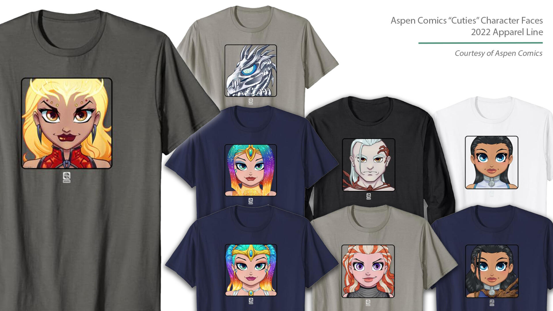 Aspen &quot;Cuties&quot; Apparel Line: Various iconic Aspen Comics character faces in a &quot;cute&quot; artstyle keeping the each true to the original character designs, exclusively for apparel.