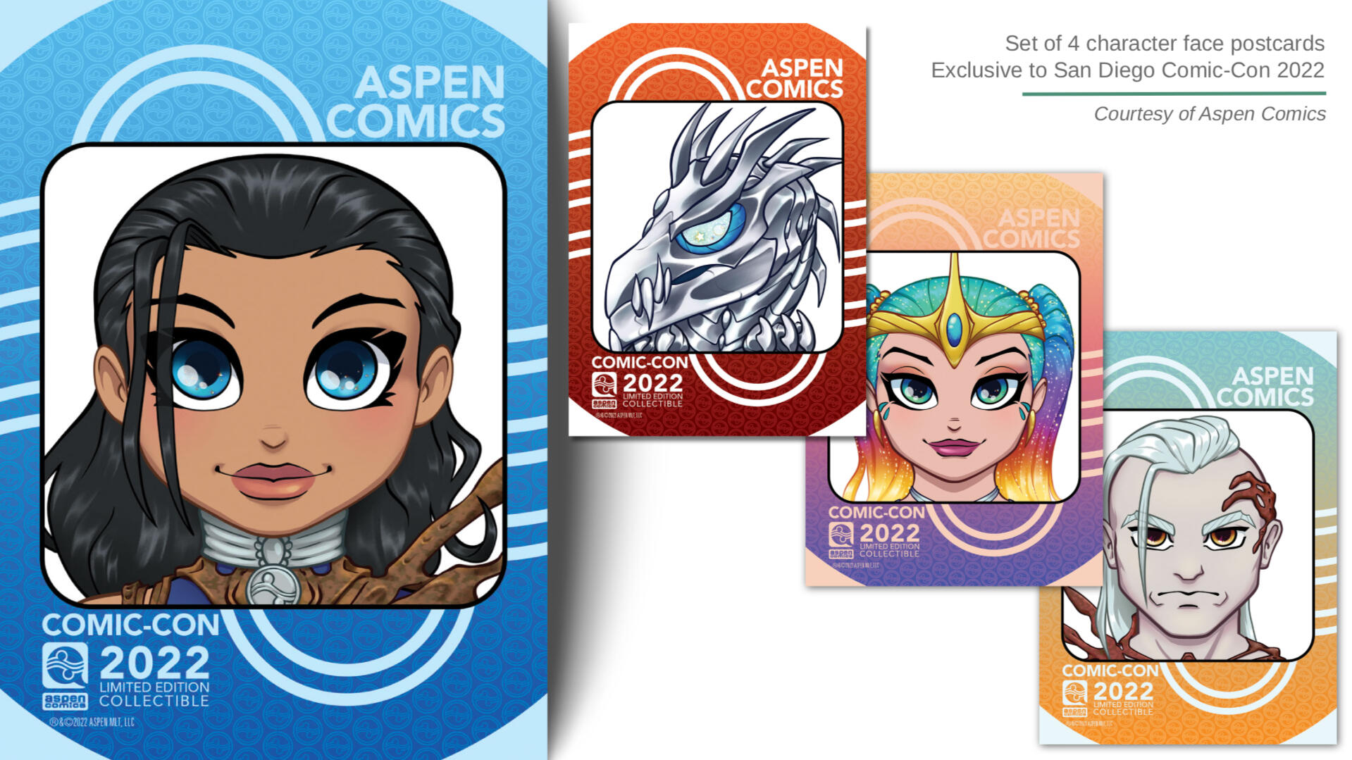 Aspen Comics Comic-Con Exclusives: Postcard-sized mini prints exclusive to the Aspen Comics booth, each available for only one day throughout Comic-Con International: San Diego 2022.