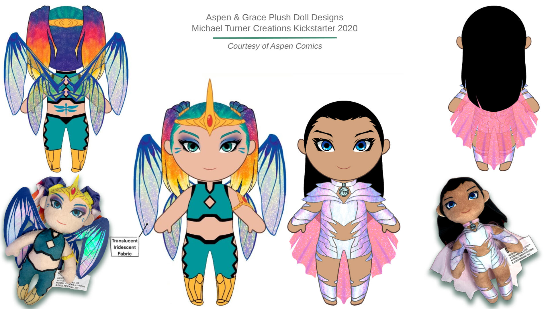 Custom Plush Doll Designs: Plush toy designs of Michael Turner&#39;s two most iconic lead characters. First ever line of plushies from Aspen Comics, debut via the first of many successful Kickstarter&#39;s: Michael Turner Creations in 2020.